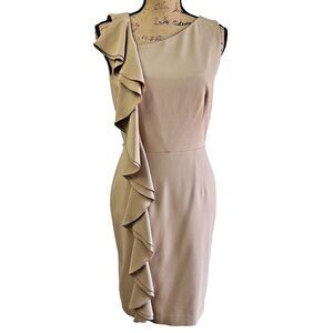 Calvin Klein Women's Ruffle Tan Sheath Sleeveless Lined Dress Sz 4